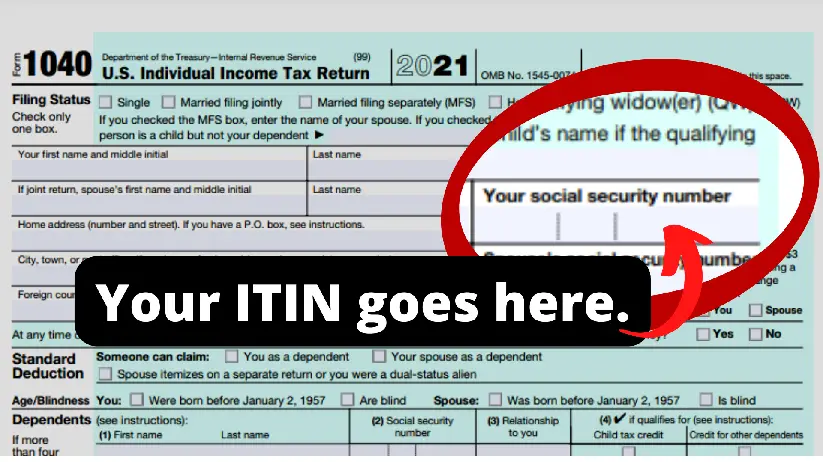 Sample 1040 US Tax Form With Red Circle Showing Where An ITIN Number 